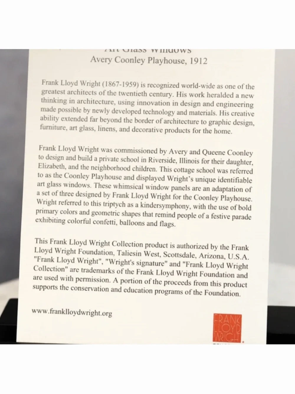 Frank Lloyd Wright MOMA Conley Playhouse Stained Glass Panel/Wood 1997